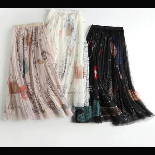 High Waisted Slim Pleated Skirt Women 2020 Spring Mesh A-line Printed Long Skirt Women
