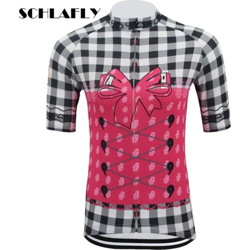 Women Pink check lovely cycling jersey short sleeve summer bike wear road jersey cycling clothing bicycle clothes schlafly