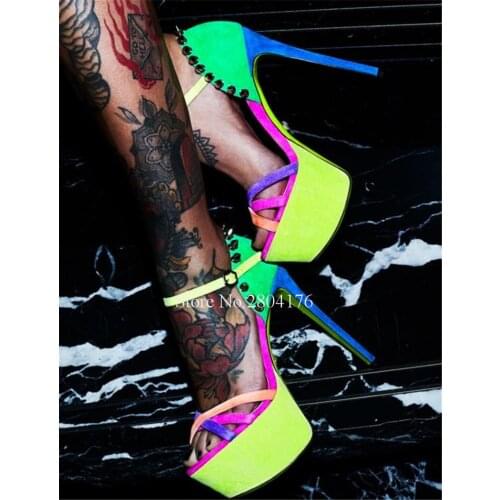 Women Sexy Mixed-colors Straps High Platform Stiletto Heel Rivet Sandals Patchwork Studded High Heel Sandals Club Dress Heels