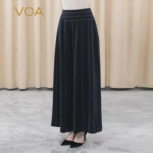 VOA Silk 30m/m Heavy KE217 Yellow Open Wire Decoration Oblique Insert Pockets Streetwear Women Wide Leg Pants 2020 Fall Fashion