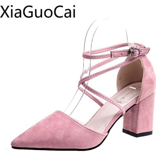 Pink Lace Up Brand Women High Heels Pumps Shallow Flock Square Heels Female Pumps Rubber Spring Fashion Shoes