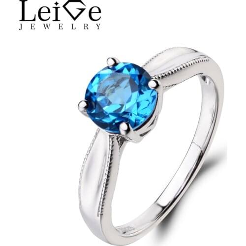 Leige Jewelry Wedding Ring Swiss Blue Topaz Ring Round Cut Blue Gemstone 925 Sterling Silver Solitaire Ring November Birthstone