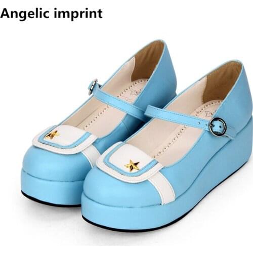 Angelic imprint woman mori girl lolita cosplay shoes lady mid heels pumps wedges women princess dress party navy shoes star 5cm