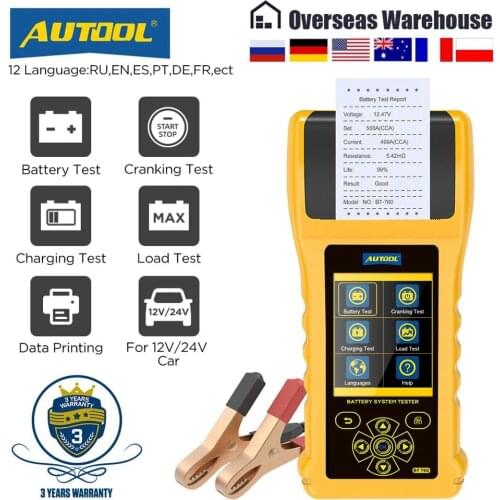 AUTOOL BT760 Car Battery Tester with Printer 6- 32V Color Screen Battery Test & Cranking Test & Charging Test & Max Load Test