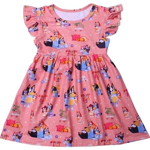 Children Girls Cartoon Pink Dress Girls A-line Milksilk Dress Short Sleeve Toddlers Clothes Flutter Sleeve Wholesales