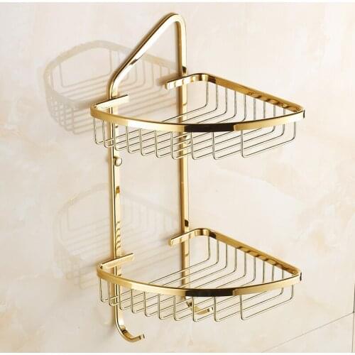 Dual Tier copper triangle basket bathroom shelves gold, European toilet storage rack shelf vintage, Antique Bathroom corner rack