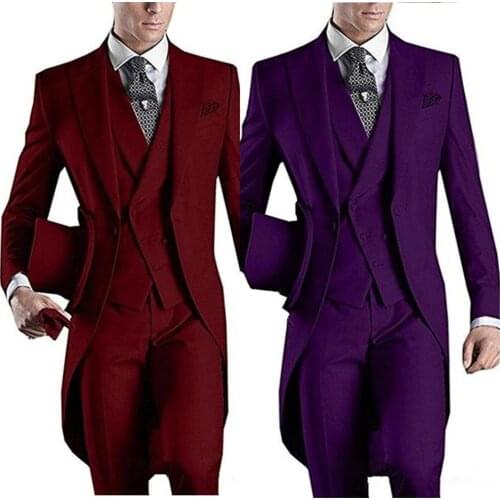 Formal Custom Design White/Black/Grey/Burgundy/Blue Tailcoat Men Party Groomsmen Suits For Wedding Tuxedos Jacket+Pants+Vest