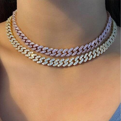 Hip Hop Cuban Link Chain Necklaces Rapper Jewelry For Women Iced Out Baguette Bling Crystal Choker Necklace Rhinestone Jewelry