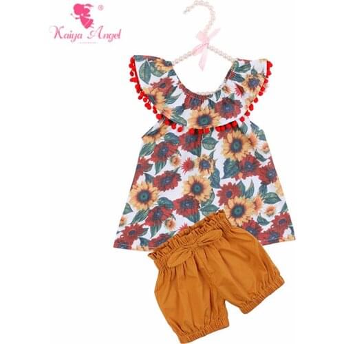 Kaiya Angel 2019 New Arrival Boutique Kids Outfits Sun Flower Printing Pompons Sleeveless Shirt + Solid Bow Short Pants Clothing