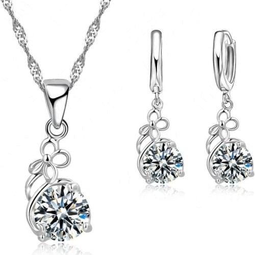 925 Sterling Silver Necklace Earrings Set Sweet Style Bow Decorated With Crystal Stone Cubic Zirconia Modeling For Girl