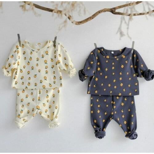 0-3Years Baby 2 Pieces Suit Home Wear Lemon Print Bottoming Shirt + High Waist Pant Cotton Newborn Girl Boy Clothing Set