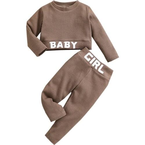 Casual Autumn Baby Girl Kids Tracksuits Letters Ribbed Two-piece Infant Baby Long Sleeves Pullover Tops+ Long Pants 0-4Years