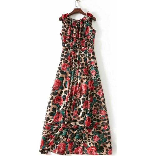 Summer Designer Maxi Party Dress Womens Sleeveless Rose Floral Printed Embroidery Leopard Long Robe Femme Ete