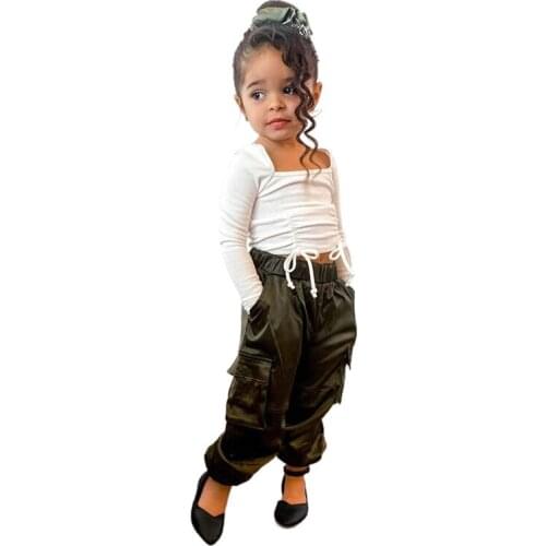 OPPERIAYA 2Pcs Toddlers Summer Tracksuits Solid Square Neck Short Sleeves Crop Tops Cargo Pants Suit for Baby Girls 1-5 Years