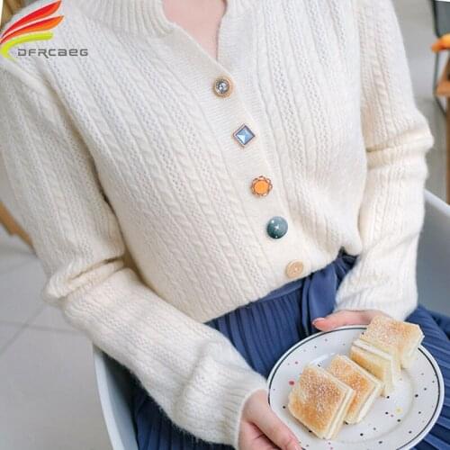 New 2020 Autumn Winter Womens Sweaters V Neck Personalized Button Twist Knitted Sweater And Pullover White Red Pink Blue Color