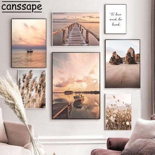 Ocean Landscape Canvas Print Hay Poster Bridge Boat Painting Beach Wall Art Prints Nordic Wall Pictures For Living Room Decor