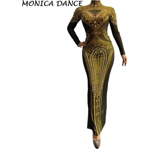 Sexy Luxury Rhinestone Dress Women Mesh Dress Female Singer Dancer Stage Costumes Nightclub Celebrate Party Performance Dress
