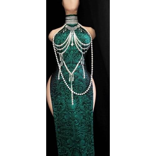 Sexy Nightclub Singer Stage Performance Costume Vintage Cheongsam 3D Print Green Beaded Sleeveless Split Long Dress Stage Wear