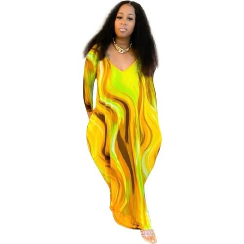 Sexy Women Dress Print Tie Dye Full Sleeve Long Dress V-neck With Pocket Streetwear Autumn Clothes For Women Vestidos