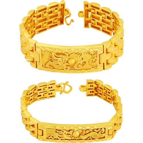 Luxury 24K Gold Color Dragon Bangles&Bracelet for Women Men Couple Bracelet Cuban Chain Wedding Jewelry Valentines Day Gifts