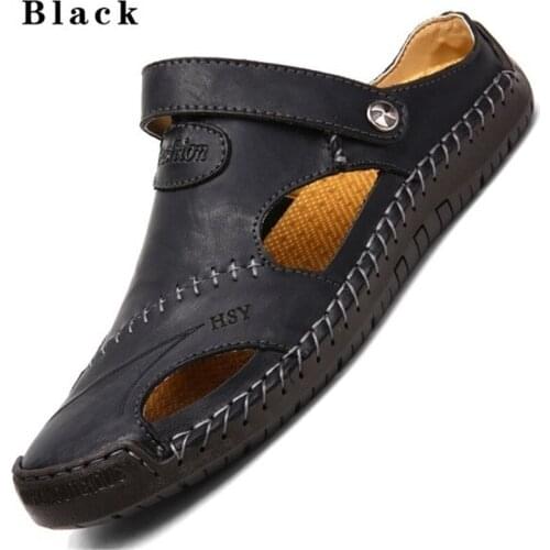 New Fashion Men Hand Stitching Soft Outdoor Closed Toe Leather Sandals Fashion Breathable Loafers Beach Slippers Plus Size 38-48