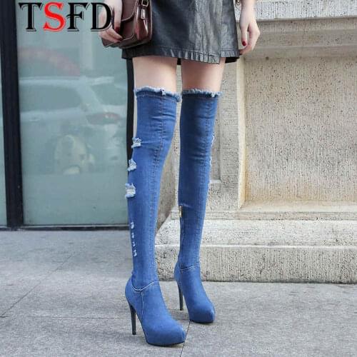 Over-the-Knee Boots Women Plus Size Boots Long Denim Womens Winter Shoes Pointed Walking Ladies Footwear Thigh High Boot New B7