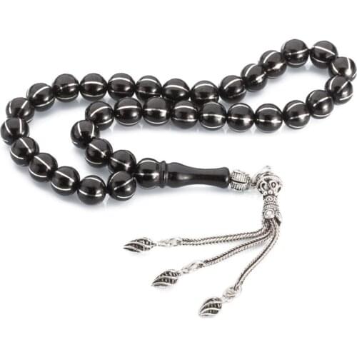 Silver Natural Jet Stone Prayer Bead With Silver Tassel Men Striped Rosary Islamic Tasbih With Ornate Tassel 925 Sterling Silver