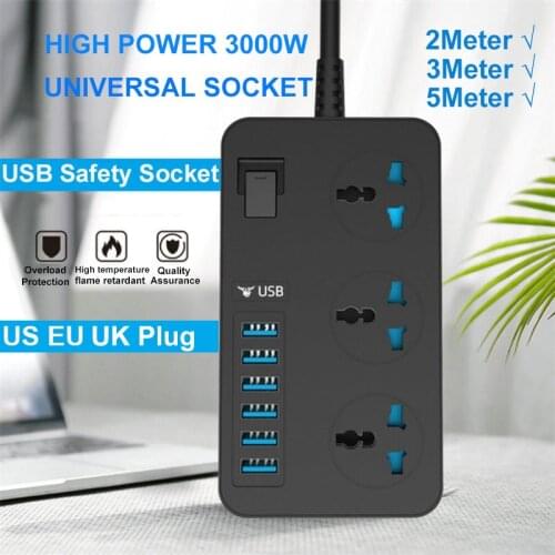 TQUQ Desktop Socket Electrical Power Strip 16A Surge Protector 2/3/5M Cord EU US UK Plug Adapter Extension 3AC Output 6USB Ports