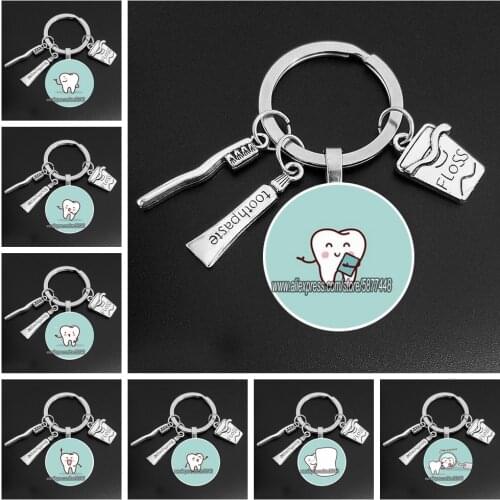 Cute Toothbrush Toothpaste Dental Floss Keychain Lovely Cartoon Dental Care Key Ring Gift for Children and Dentists