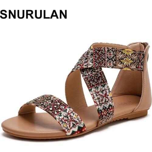 SNURULANNew Summer Women Fashion All-match Sandals Womens Elegant Fairy Style Seaside Bohemian Ethnic Style Beach Flats Casual
