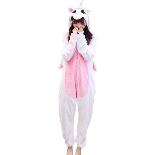 Adult Pink Unicorn Kigurumi Women Men Cartoon Animal Unicornio Cosplay Costume Winter Onesie Pajama Hooded Couple Party Suit