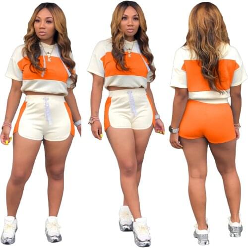 Womens Summer Suit European and American Fashion Stitching Casual Hooded Shorts Suit