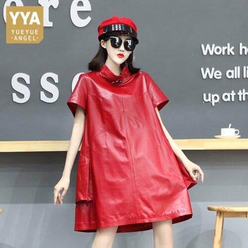 High Street Harajuku Women Loose Fit Mid Dress Short Sleeve Turtleneck Genuine Leather Dress Pockets Belted Oversized Dresses