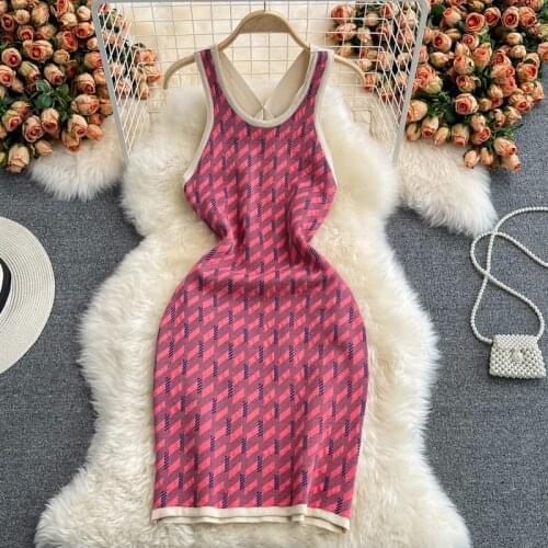 Knitted Bodycon Dress Women Fashion Summer Sleeveless Geometric Pattern Criss Cross Backless Slim Tank Dress Casual Streetwear