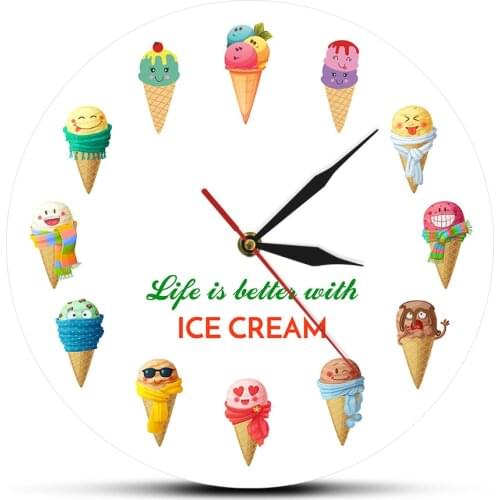 Life is better with ICE CREAM Cartoon Ice Cream Printed Dessert Wall Clock Kid Room Nursery Wall Art Kitchen Clock Wall Watch