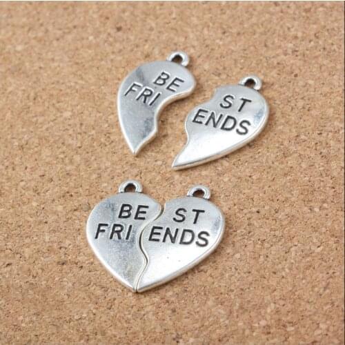 High Quality 10 Sets/Lot 23MM*23MM Antique Silver Color Letter Printed Heart Charm Best Friends Charm Pendant For Jewelry Making