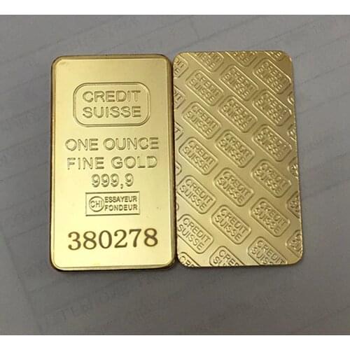 10 pcs Non magnetic Credit swiss bullion bar 1 OZ real gold plated ingot badge 50 mm x 28 mm coins with Different serial number