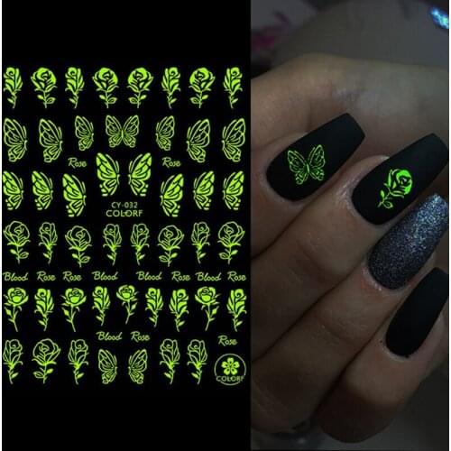 6Pcs Flame Luminous Nail Sticker Flame Butterfly Star Moon Glitter Design Glow In The Dark Slider Manicure Sliders