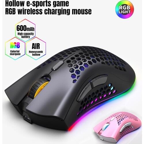 Wireless Gaming Mouse 2.4GHz USB Receiver RGB Backlight Mouse Rechargeable 7 Buttons Lightweight Hollow Optical Mice Pink Black