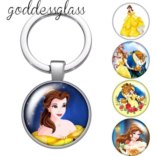 Disney Beauty and the beast Princess Belle glass cabochon keychain Bag Car key chain Ring Holder Charms keychains gift