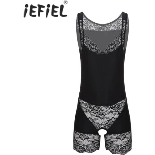 Men Sissy Lace Patchwork Crotchless Bodysuit Sleeveless Scoop Neck Body shaper Jumpsuit Nightwear Sleepwear Underwear