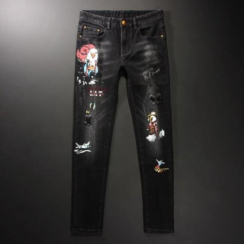 American Street Style Fashion Men Jeans Retro Black Gray Elastic Slim Fit Ripped Jeans Men Printed Designer Hip Hop Denim Pants
