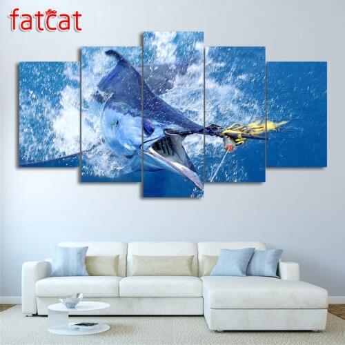 FATCAT 5 Pieces Jumping Marlin Tuna Fish Diy Diamond Painting Full Square Round Drill Diamond Embroidery Sale Home Decor AE1073