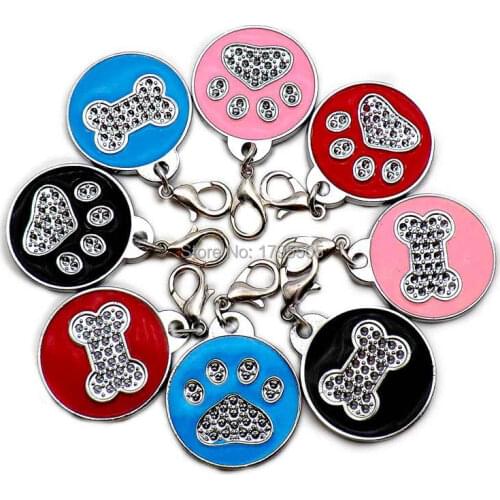 Wholesale 20pcs/lot Glitter bone Paw Pet ID Tags Stainless Steel Personalized Puppy Cat ID Tag For Small Dogs and Cats Engraved