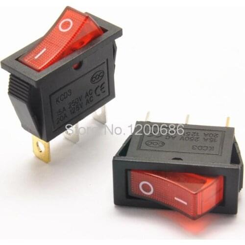 Rocker Switch ON/OFF On-Off Latching 3 Pin KCD3 AC 16A 250V, AC 20A 125V 31mm x 14mm
