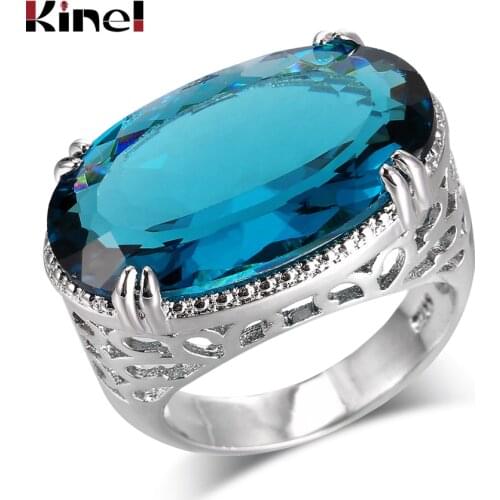 Kinel New Luxury Big Ring For Women Silver Color Hollow Vintage Jewelry Mosaic Blue Zircon Fashion Wedding Ring Size 6-10
