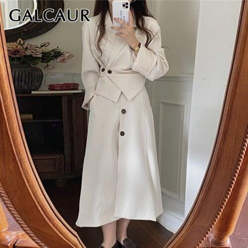 GALCAUR Loose Two Piece Set For Women Notched Collar Long Sleeve Coat High Waist A Line Midi Skirts Female Solid Sets New Style