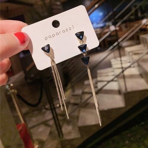 Korean Fashion Blue Crystal Stud Earrings for Women Vintage Trend Statement Geometric Long Chain Tassel Drop Dangle Jewelry
