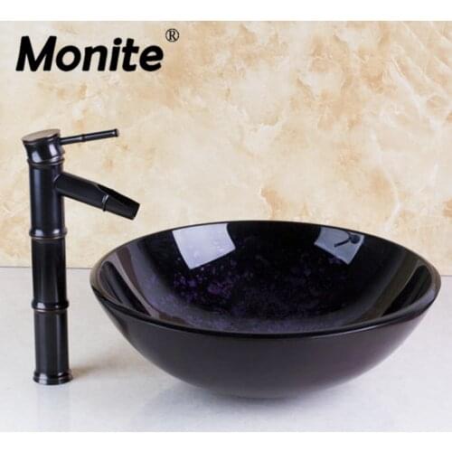 Countertop Sink Painting Round Bathroom Faucet Art Washbasin Tempered Glass Vessel Sink With Brass Faucet Sets