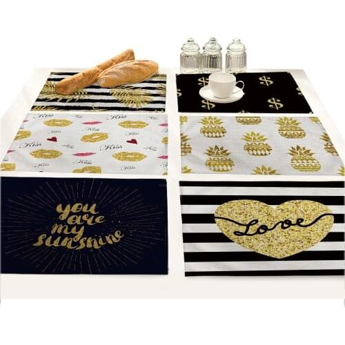 Nordic Kitchen Black Gold Heart Lips Letter Printed Placemats for Dining Table Accessories Pineapple Cat Stripe Bar Mat Coaster